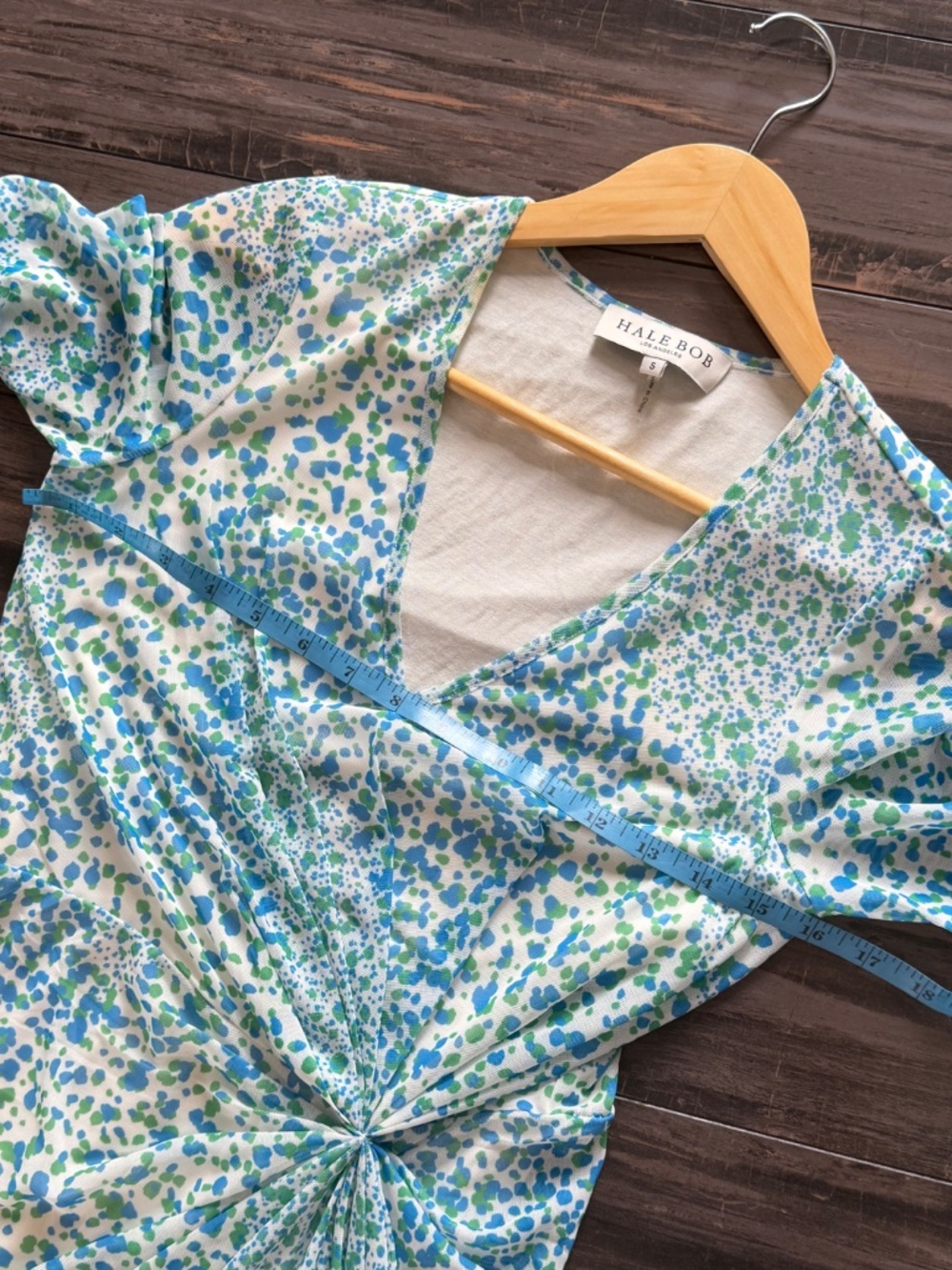 Hale Bob Twist Front Stretch Dress Elbow Sleeves Lined V- Neck Blue Green Print - Picture 9 of 12